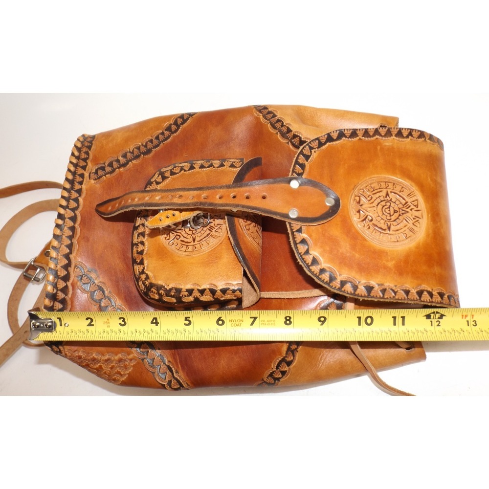 Leather Tooled & Stiched Backpack Purse Aztec design 13 x 9 x 5" - Picture 13 of 16